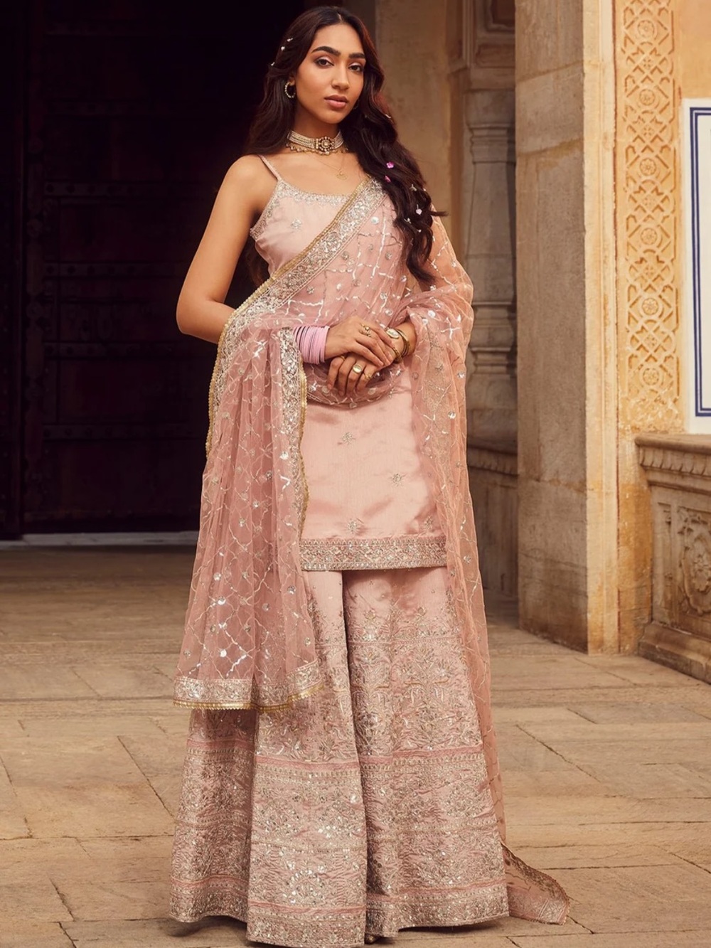 Dusty Peach Embroidered Silk Sharara Suit